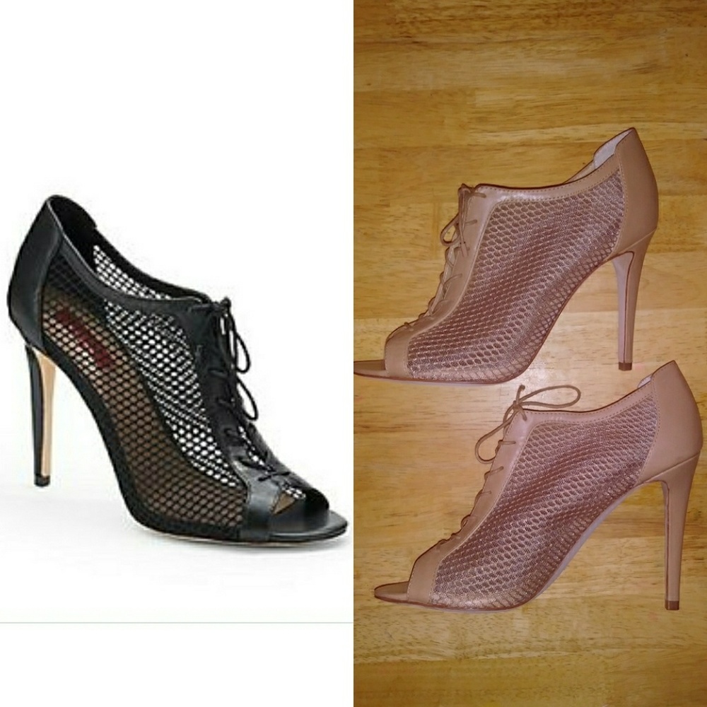 New SAKS FIFTH AVE RED Lace Up Camel Mesh Heels